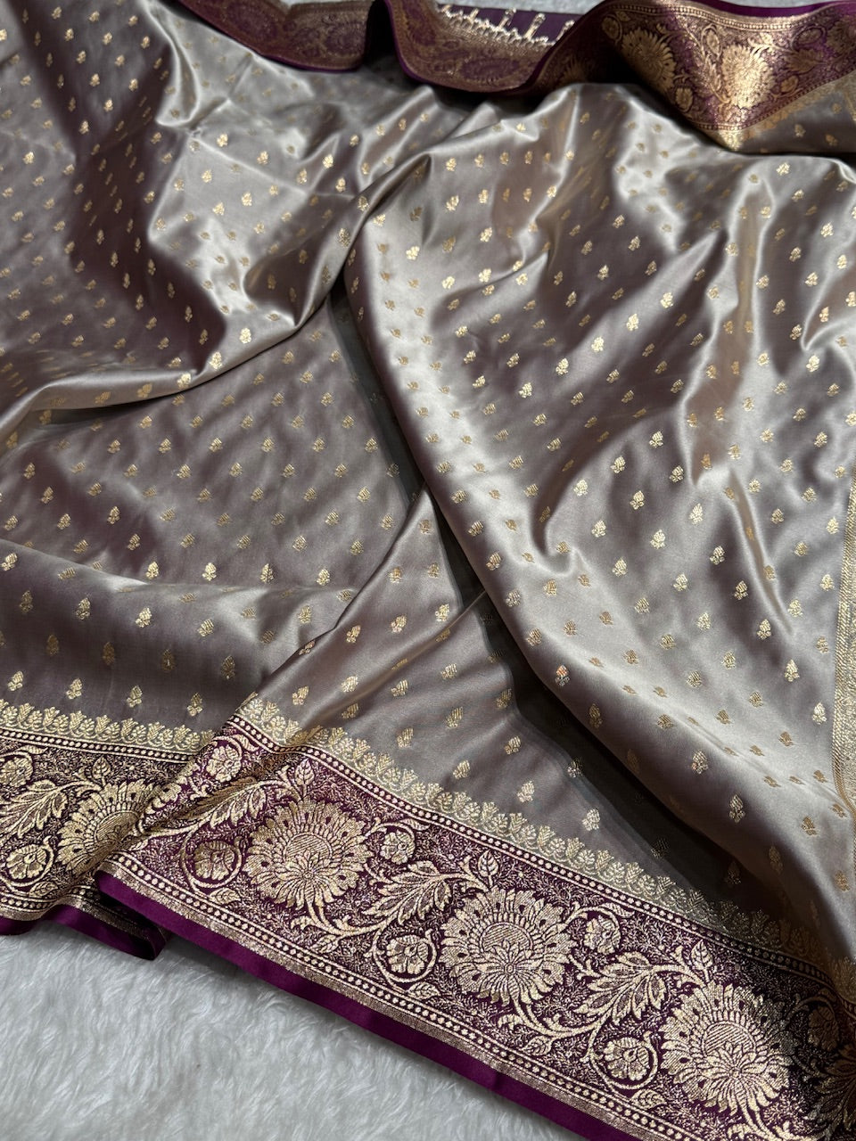 Dark Grey with Wine Contrast Banarasi Booti Katan Silk Saree