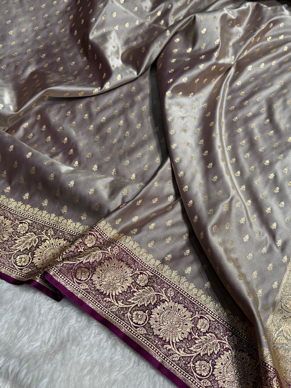 Dark Grey with Wine Contrast Banarasi Booti Katan Silk Saree