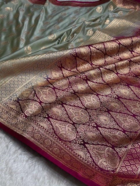 Pista With Wine Floral Boota Satin Katan Silk saree SK27