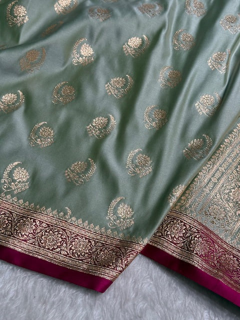 Pista With Wine Floral Boota Satin Katan Silk saree SK27