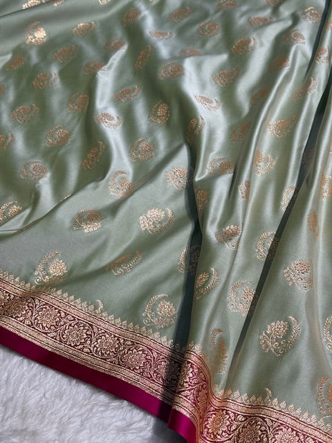 Pista With Wine Floral Boota Satin Katan Silk saree SK27