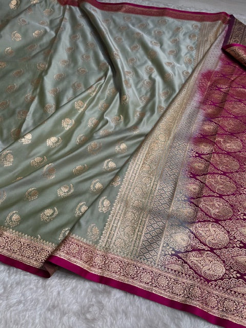 Pista With Wine Floral Boota Satin Katan Silk saree SK27