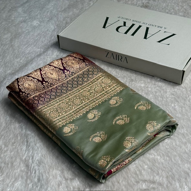Pista With Wine Floral Boota Satin Katan Silk saree SK27