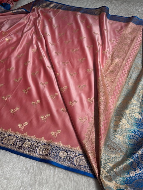 Baby Pink with Blue Floral Boota Satin Katan Silk saree SK30
