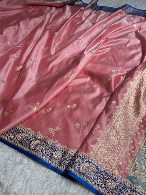 Baby Pink with Blue Floral Boota Satin Katan Silk saree SK30