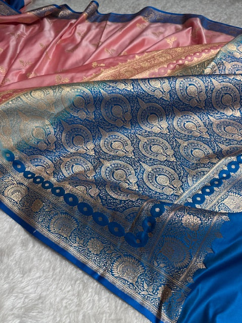 Baby Pink with Blue Floral Boota Satin Katan Silk saree SK30