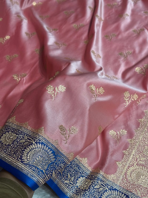 Baby Pink with Blue Floral Boota Satin Katan Silk saree SK30