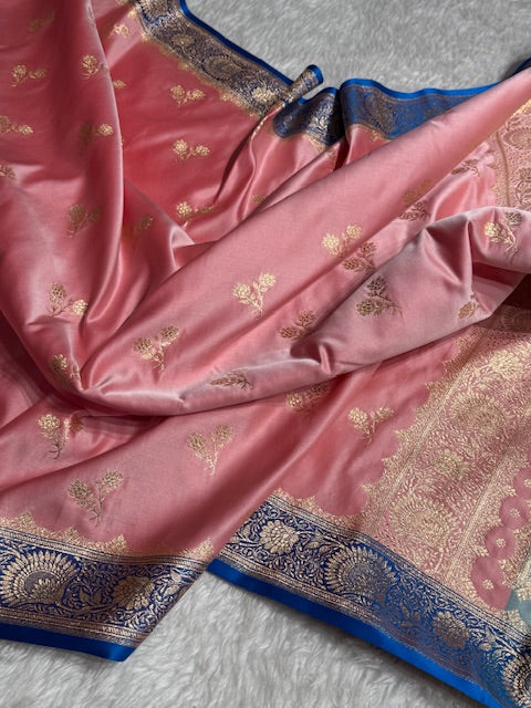 Baby Pink with Blue Floral Boota Satin Katan Silk saree SK30