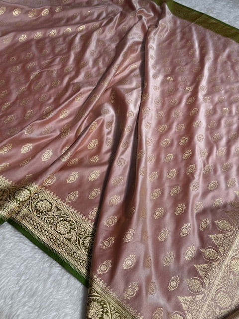 Greenish Pink contras Floral Boota Satin Katan Silk saree SK31