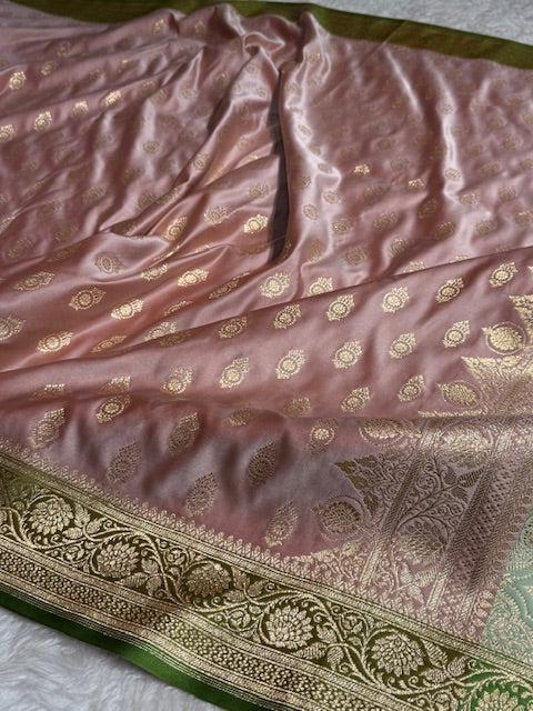 Greenish Pink contras Floral Boota Satin Katan Silk saree SK31