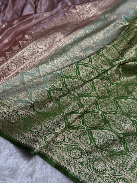 Greenish Pink contras Floral Boota Satin Katan Silk saree SK31