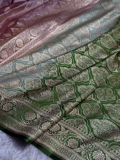 Greenish Pink contras Floral Boota Satin Katan Silk saree SK31