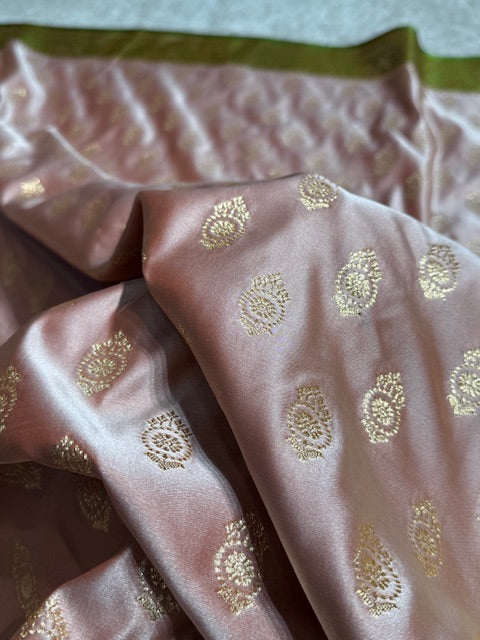 Greenish Pink contras Floral Boota Satin Katan Silk saree SK31