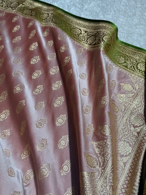 Greenish Pink contras Floral Boota Satin Katan Silk saree SK31