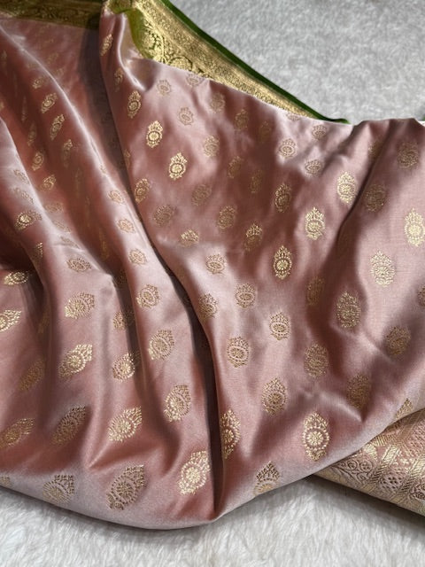 Greenish Pink contras Floral Boota Satin Katan Silk saree SK31