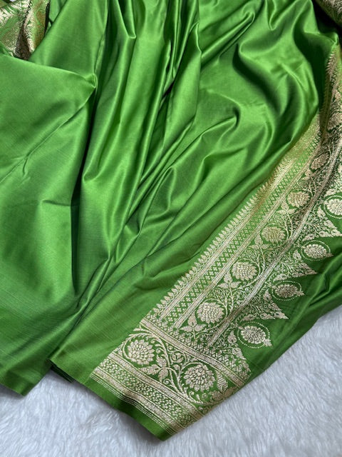 Greenish Pink contras Floral Boota Satin Katan Silk saree SK31