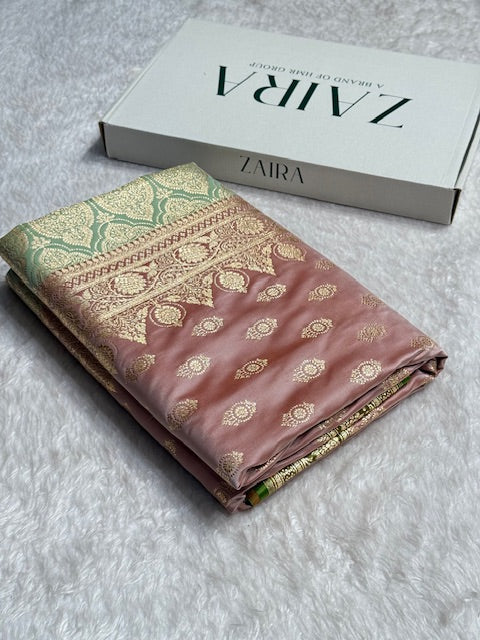 Greenish Pink contras Floral Boota Satin Katan Silk saree SK31