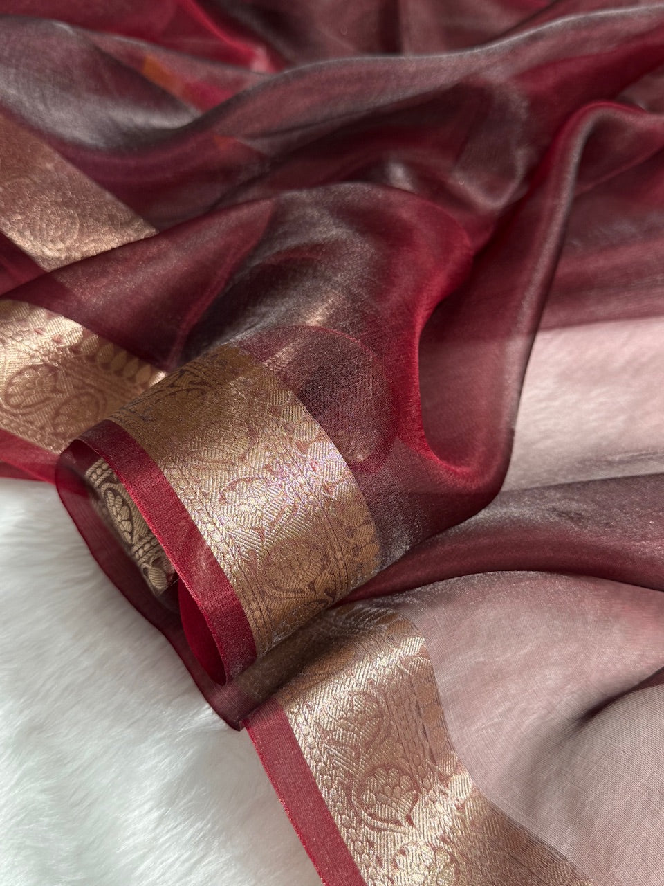 Maroon Shades Pure Tissue Silk Saree with Brocade Blouse PT-09