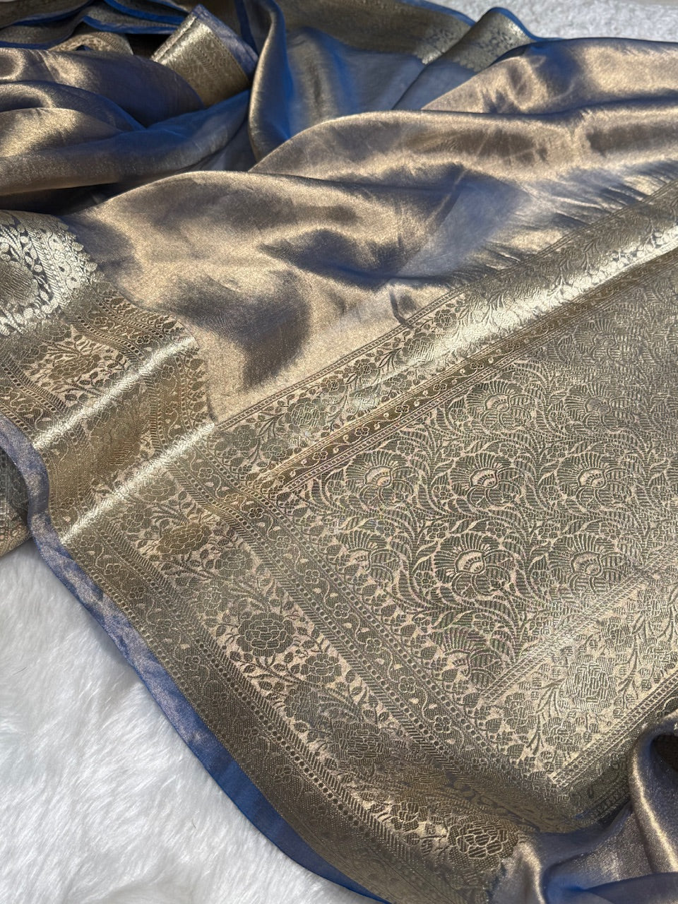 Pestal Royal Blue Shades Pure Tissue Silk Saree with Brocade Blouse PT-08