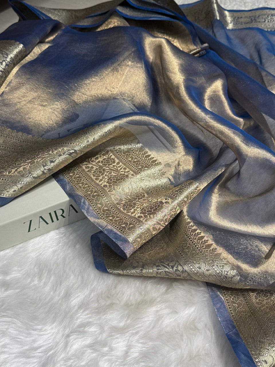 Pestal Royal Blue Shades Pure Tissue Silk Saree with Brocade Blouse PT-08