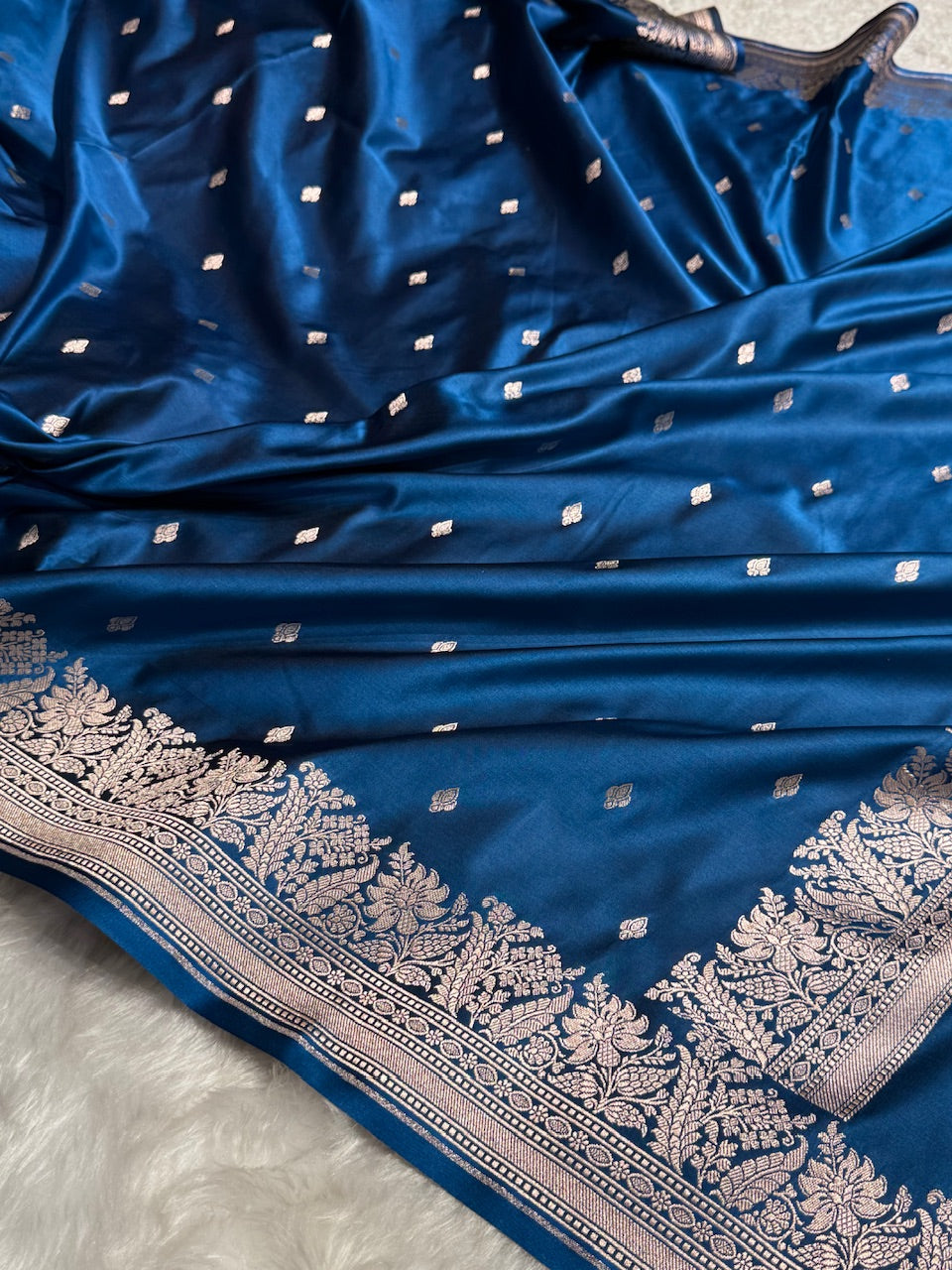 German Blue Shades Motif Booti Mashru Silk Saree