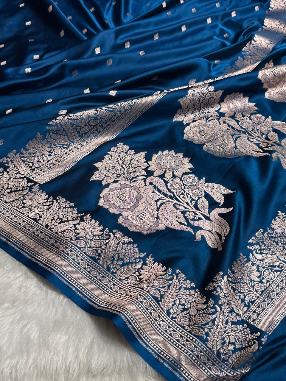 German Blue Shades Motif Booti Mashru Silk Saree