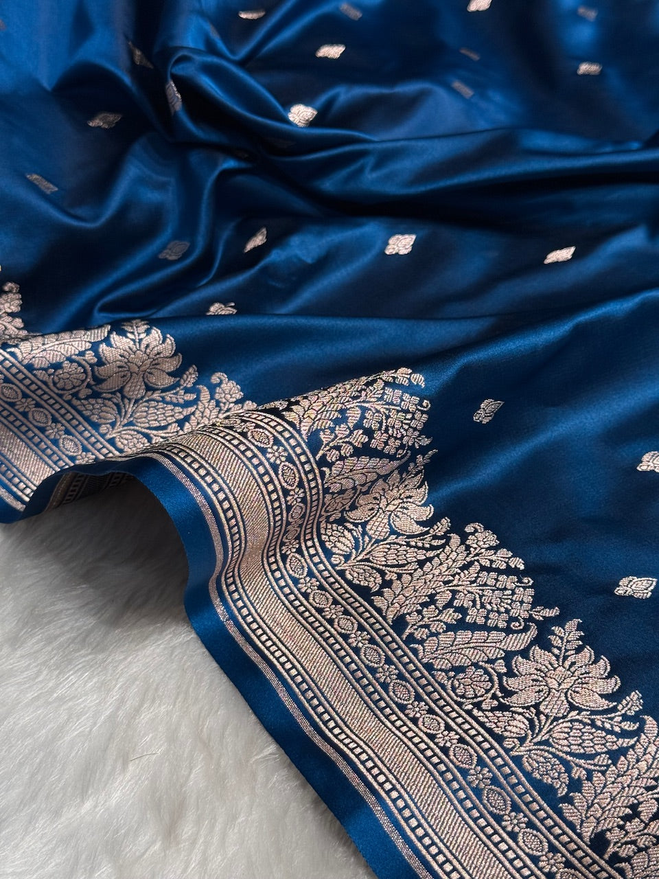 German Blue Shades Motif Booti Mashru Silk Saree