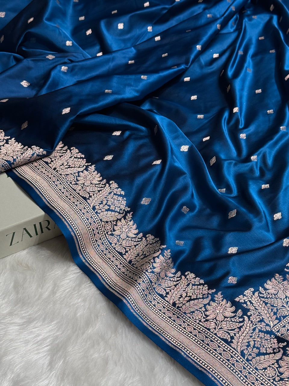 German Blue Shades Motif Booti Mashru Silk Saree