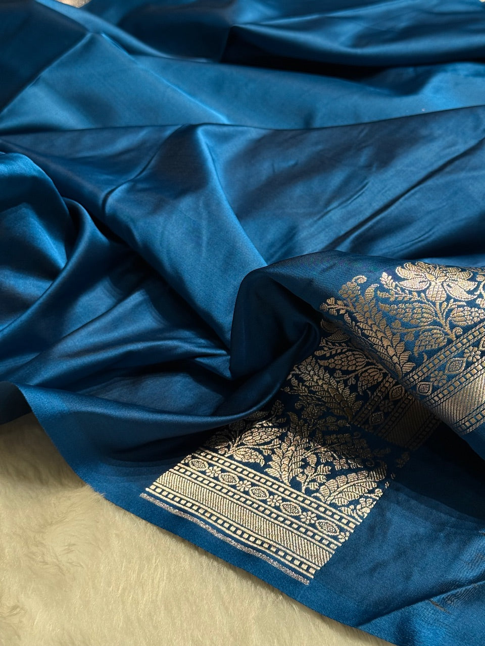 German Blue Shades Motif Booti Mashru Silk Saree