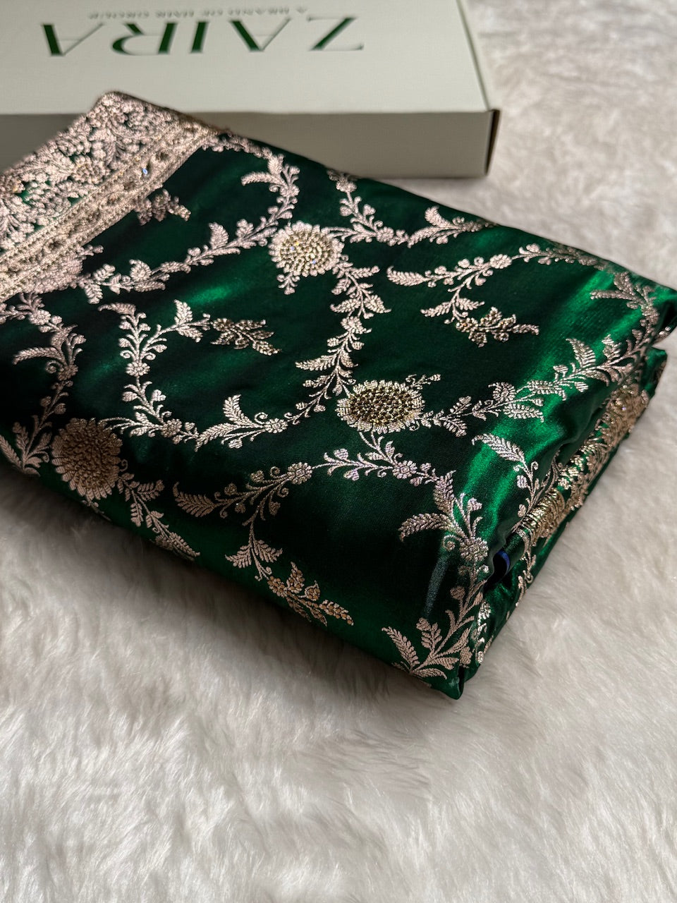 Satin Silk Banarasi Jaal in Bottle Green Shades with Work BSS14