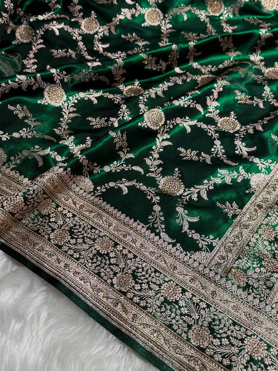 Satin Silk Banarasi Jaal in Bottle Green Shades with Work BSS14