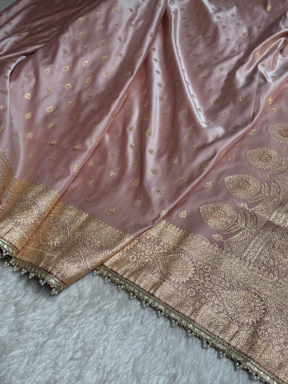 Banarasi Satin Katan Silk Saree In Rose Gold Shades with gotta Patti