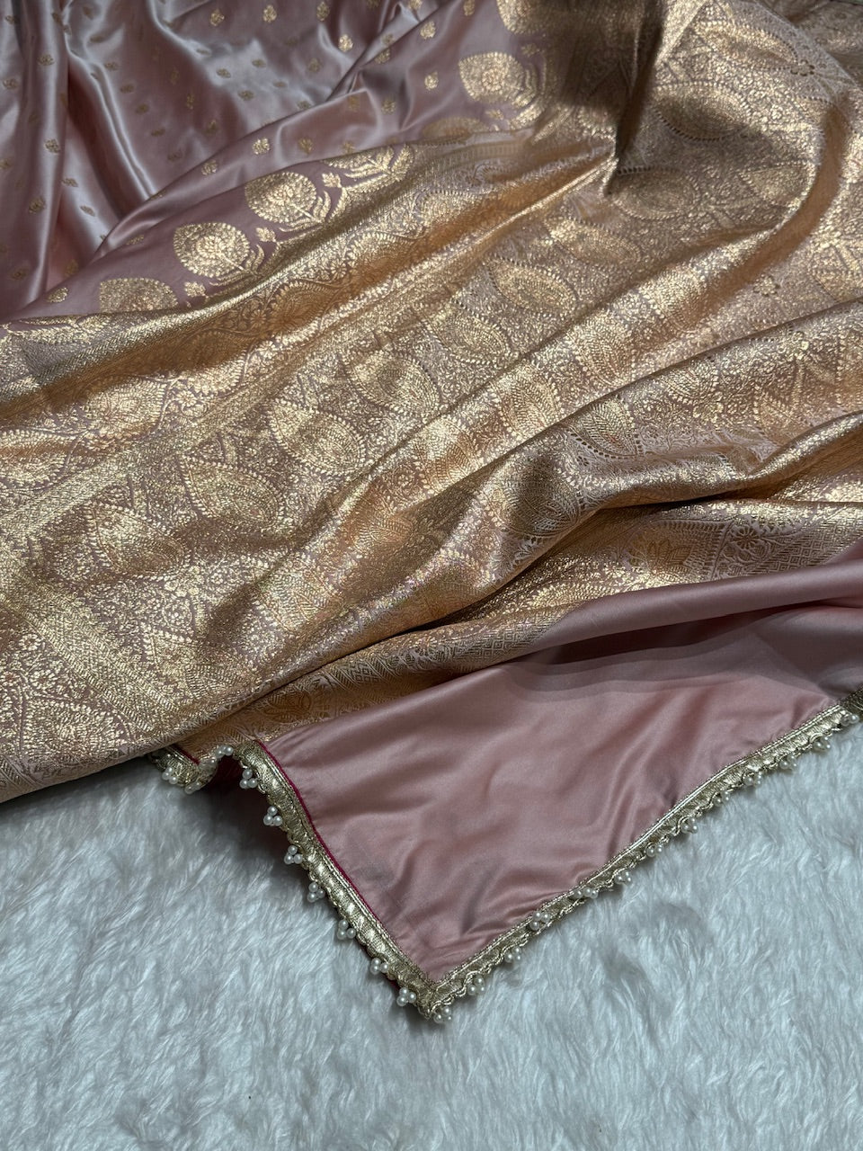 Banarasi Satin Katan Silk Saree In Rose Gold Shades with gotta Patti