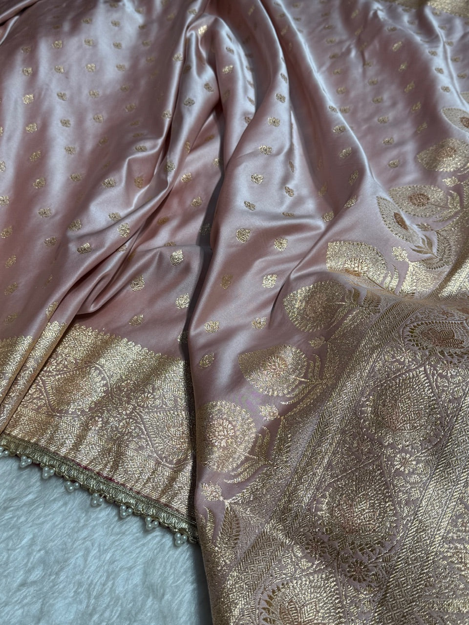 Banarasi Satin Katan Silk Saree In Rose Gold Shades with gotta Patti