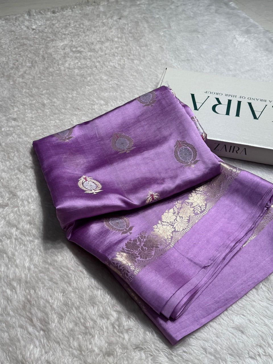 Lavender Flower Boota Pure Caramel Mango Silk Saree