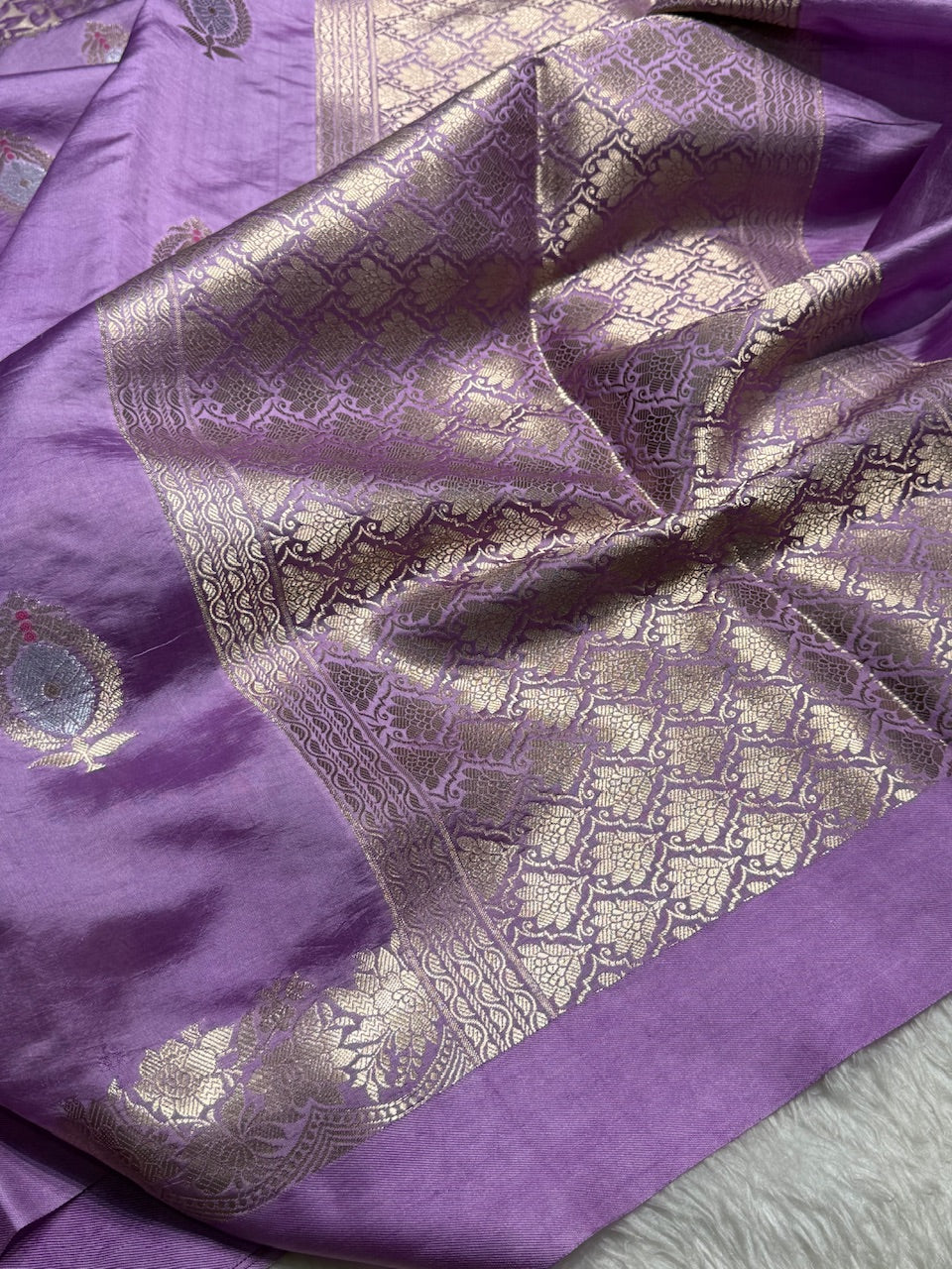 Lavender Flower Boota Pure Caramel Mango Silk Saree
