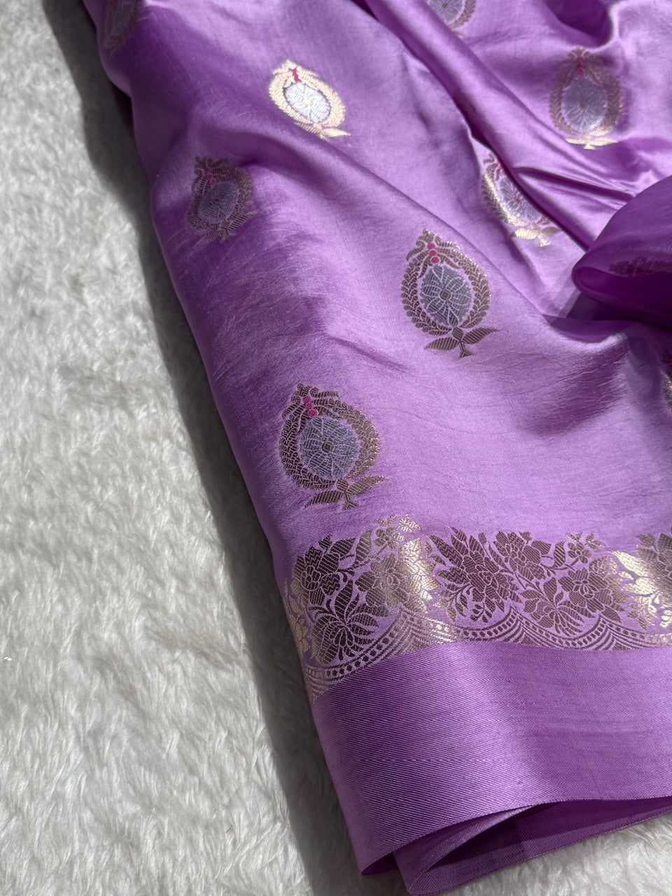 Lavender Flower Boota Pure Caramel Mango Silk Saree