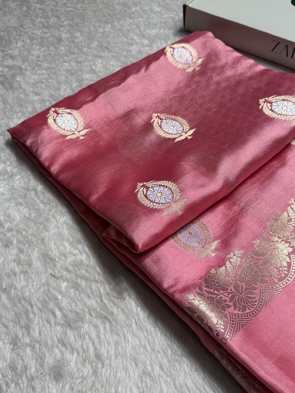 Baby Pink Flower Boota Pure Caramel Mango Silk Saree