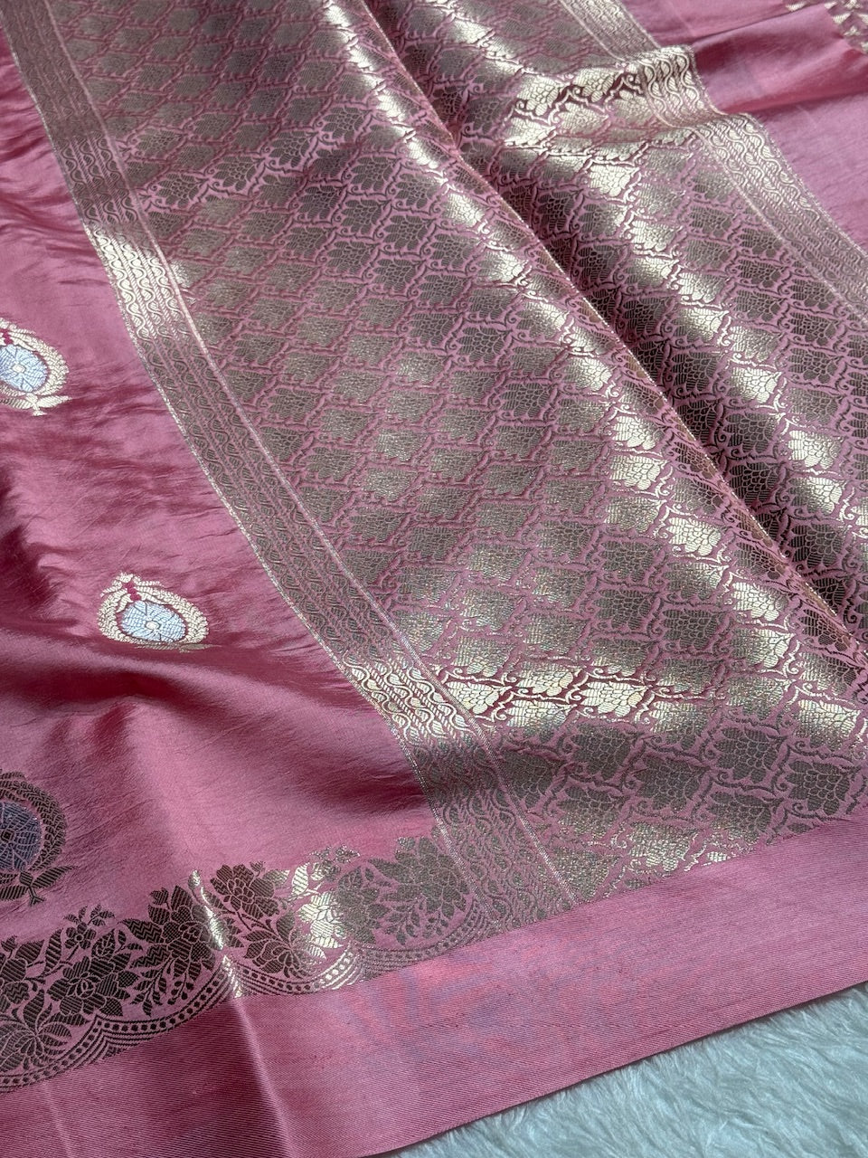 Baby Pink Flower Boota Pure Caramel Mango Silk Saree