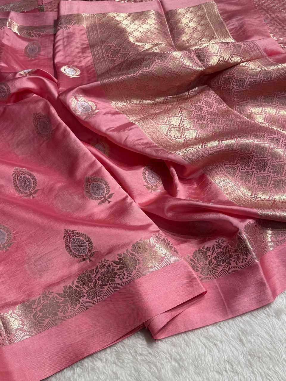 Baby Pink Flower Boota Pure Caramel Mango Silk Saree