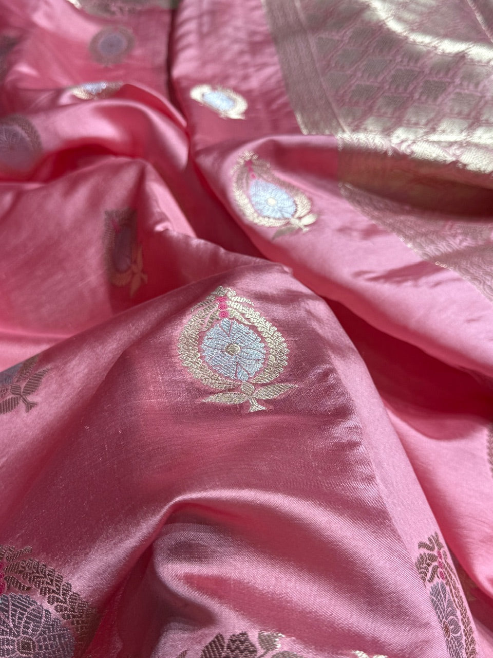 Baby Pink Flower Boota Pure Caramel Mango Silk Saree