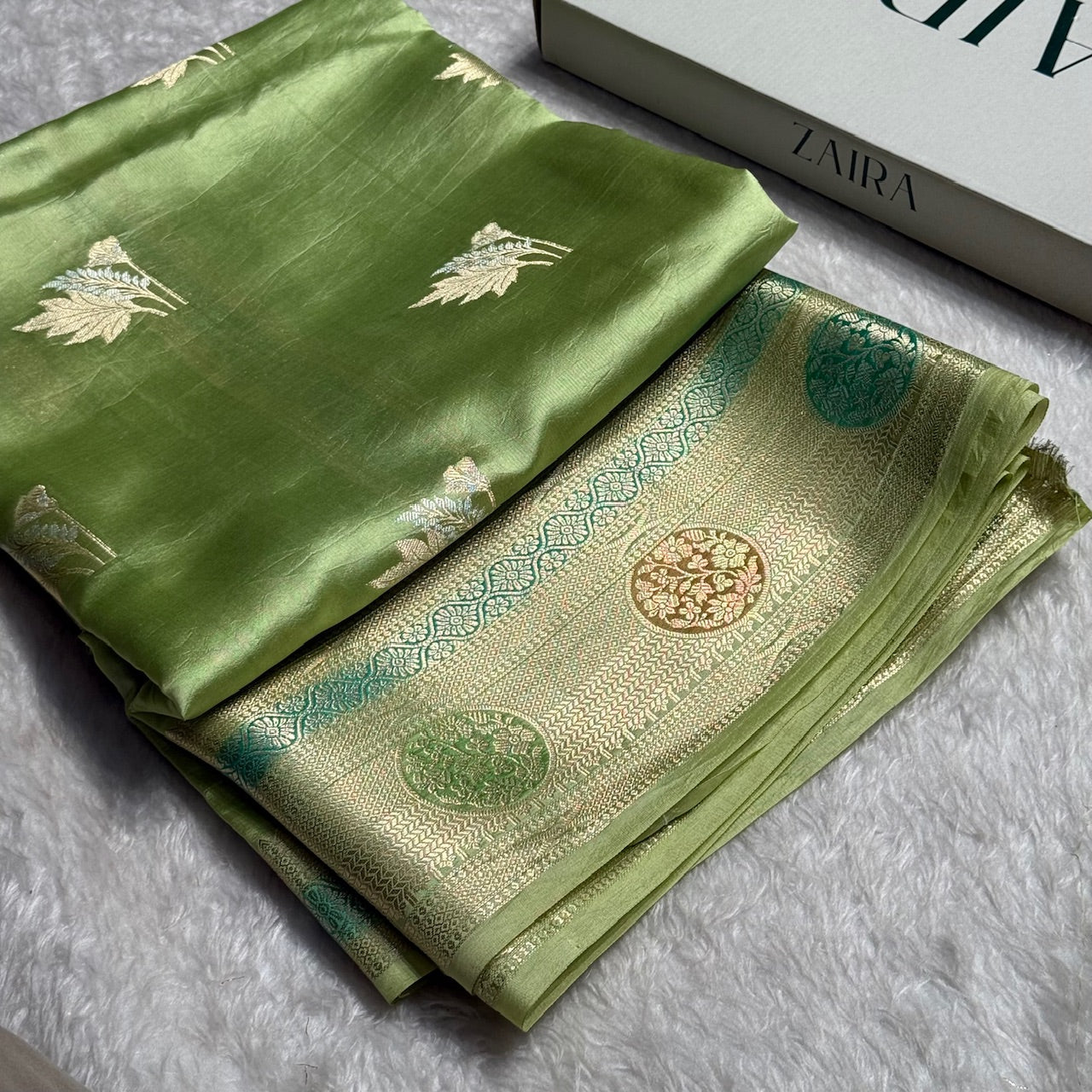 Pista Flower Boota Pure Caramel Mango Silk Saree