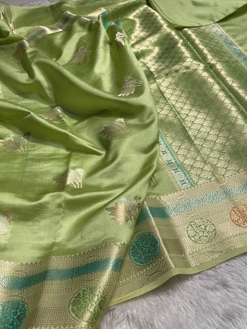 Pista Flower Boota Pure Caramel Mango Silk Saree
