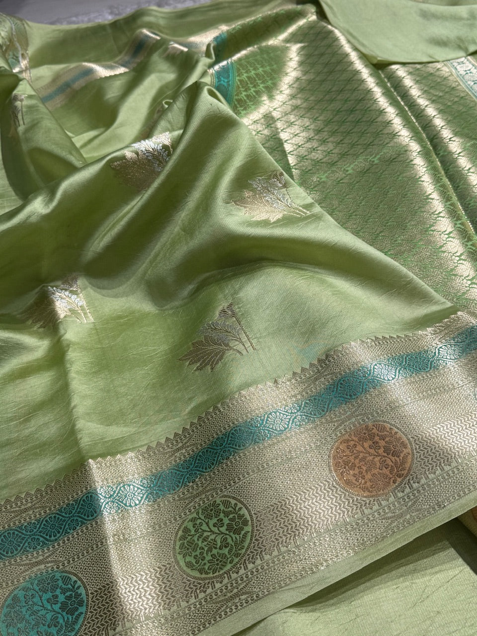 Pista Flower Boota Pure Caramel Mango Silk Saree