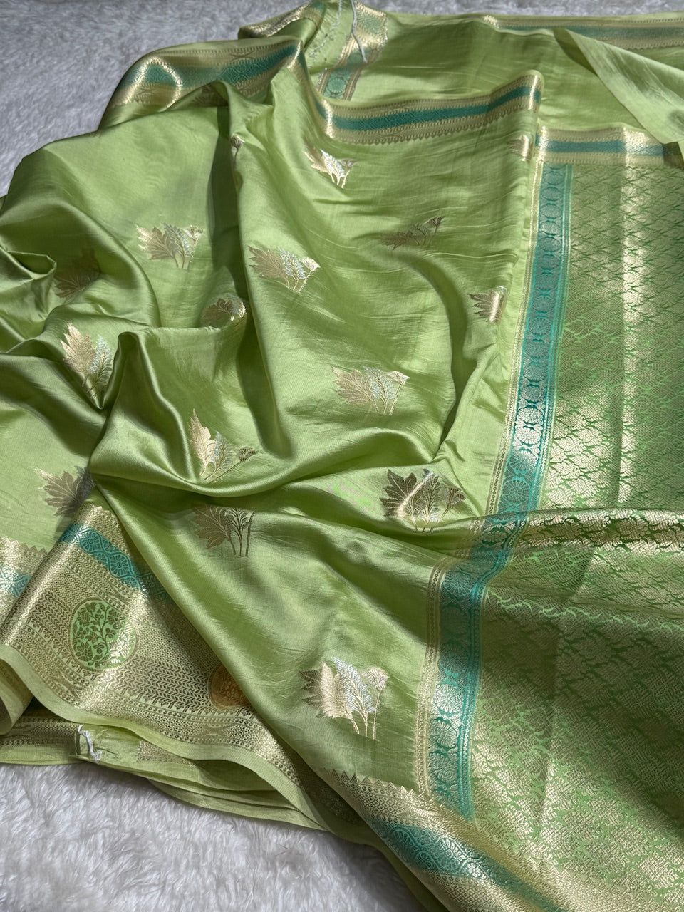 Pista Flower Boota Pure Caramel Mango Silk Saree