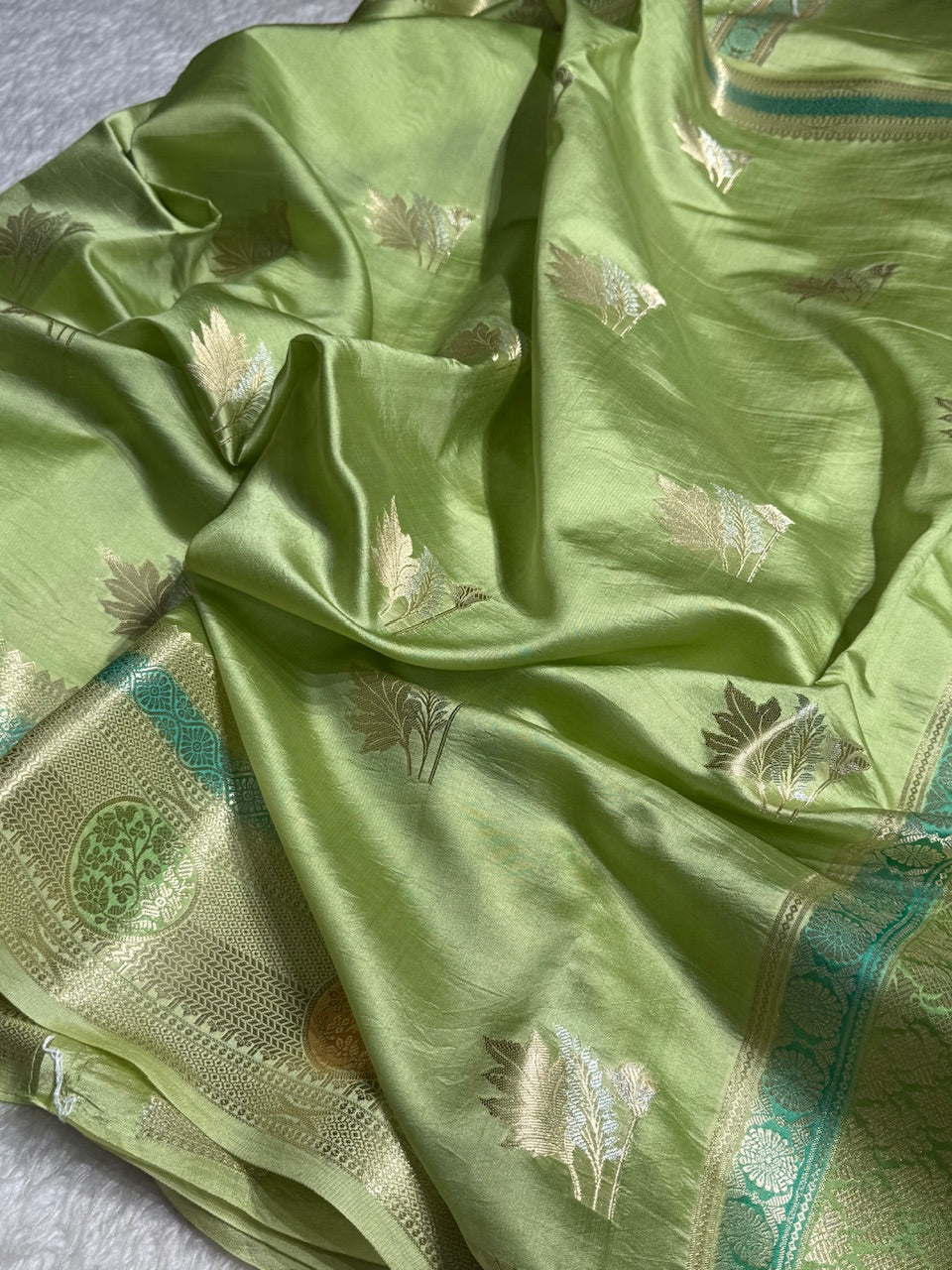Pista Flower Boota Pure Caramel Mango Silk Saree