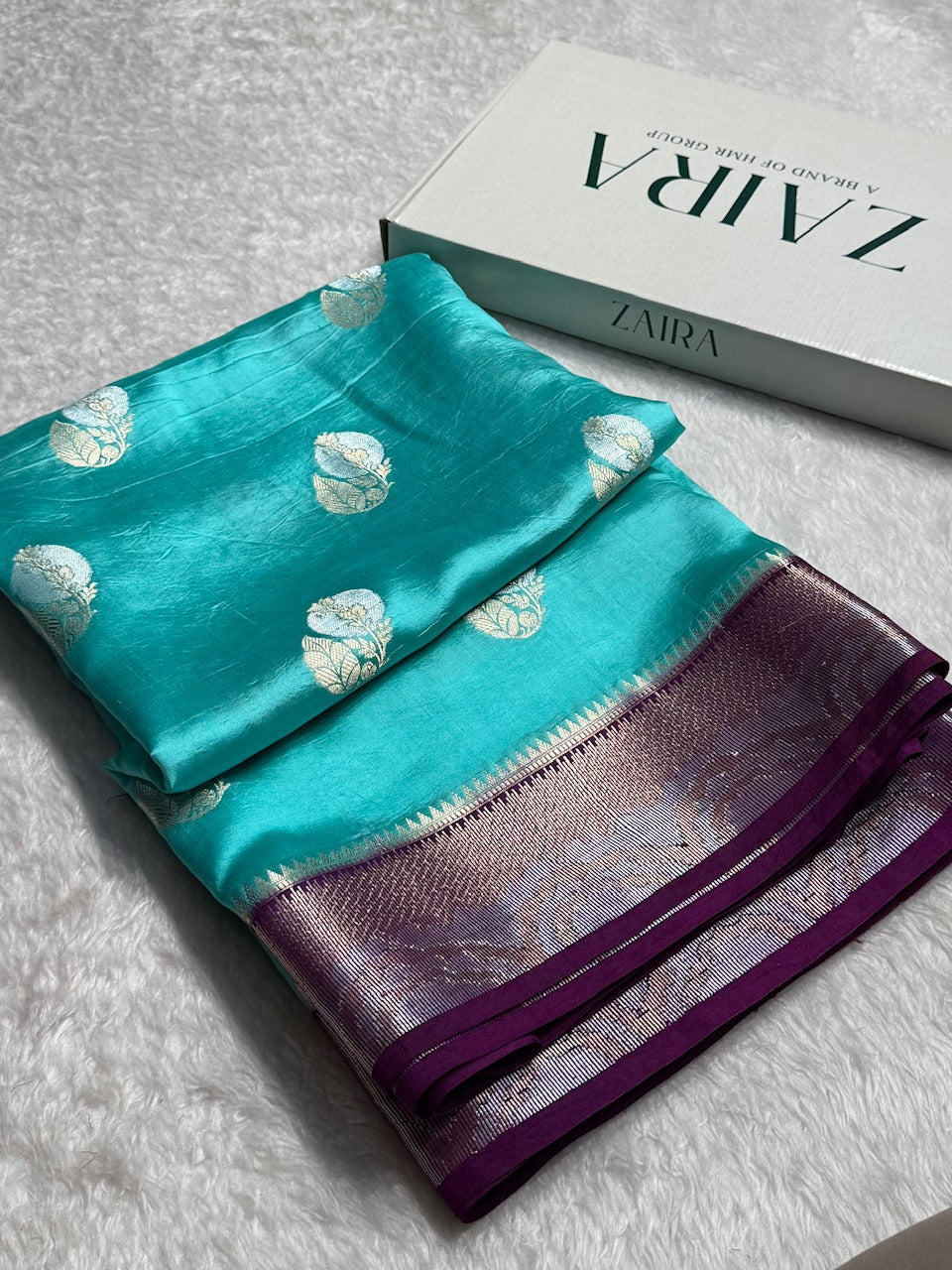Sky Blue Flower Boota Pure Caramel Mango Silk Saree