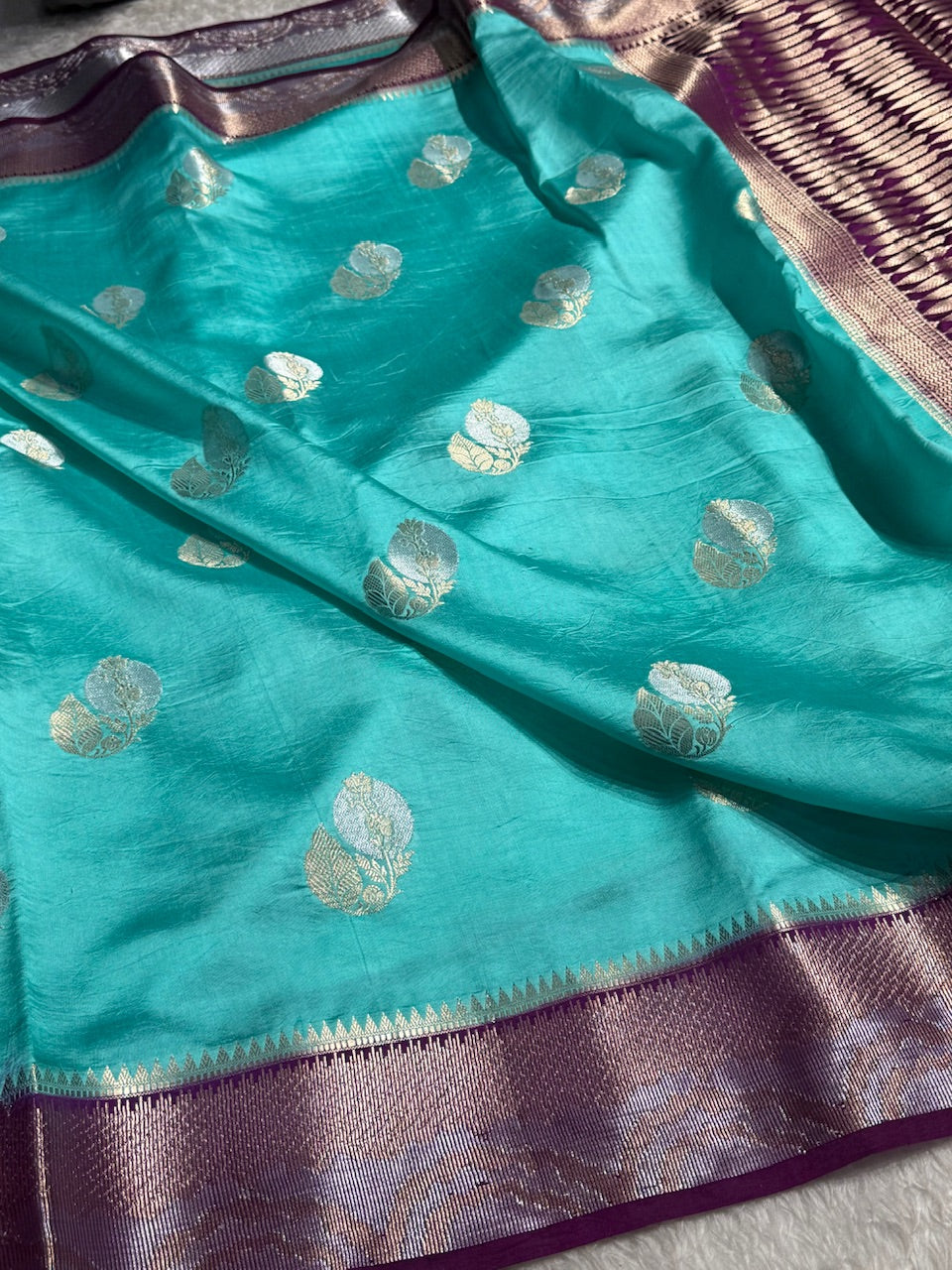 Sky Blue Flower Boota Pure Caramel Mango Silk Saree