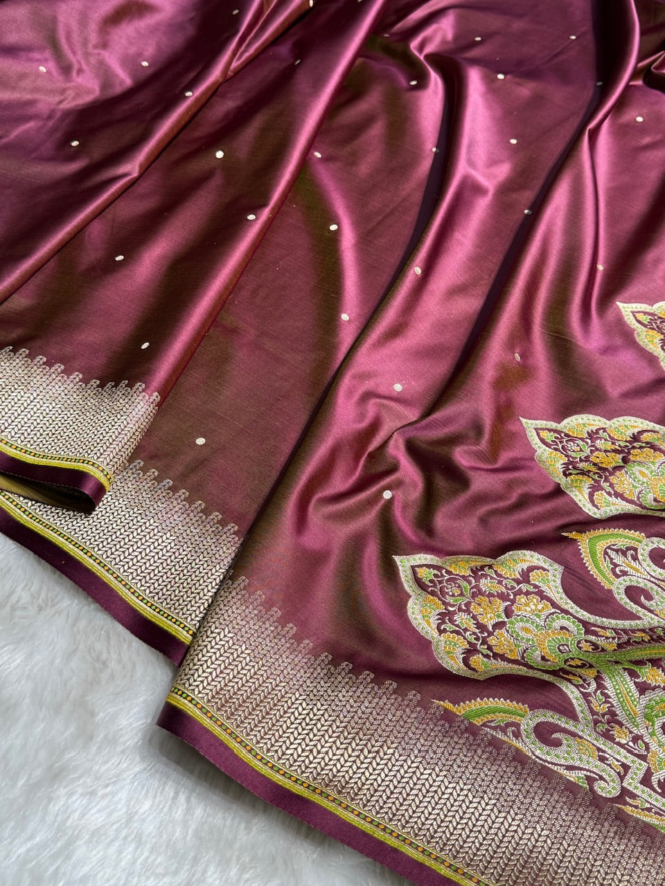 Velvet Maroon Booti Pattern Satin Katan Silk Saree SK56