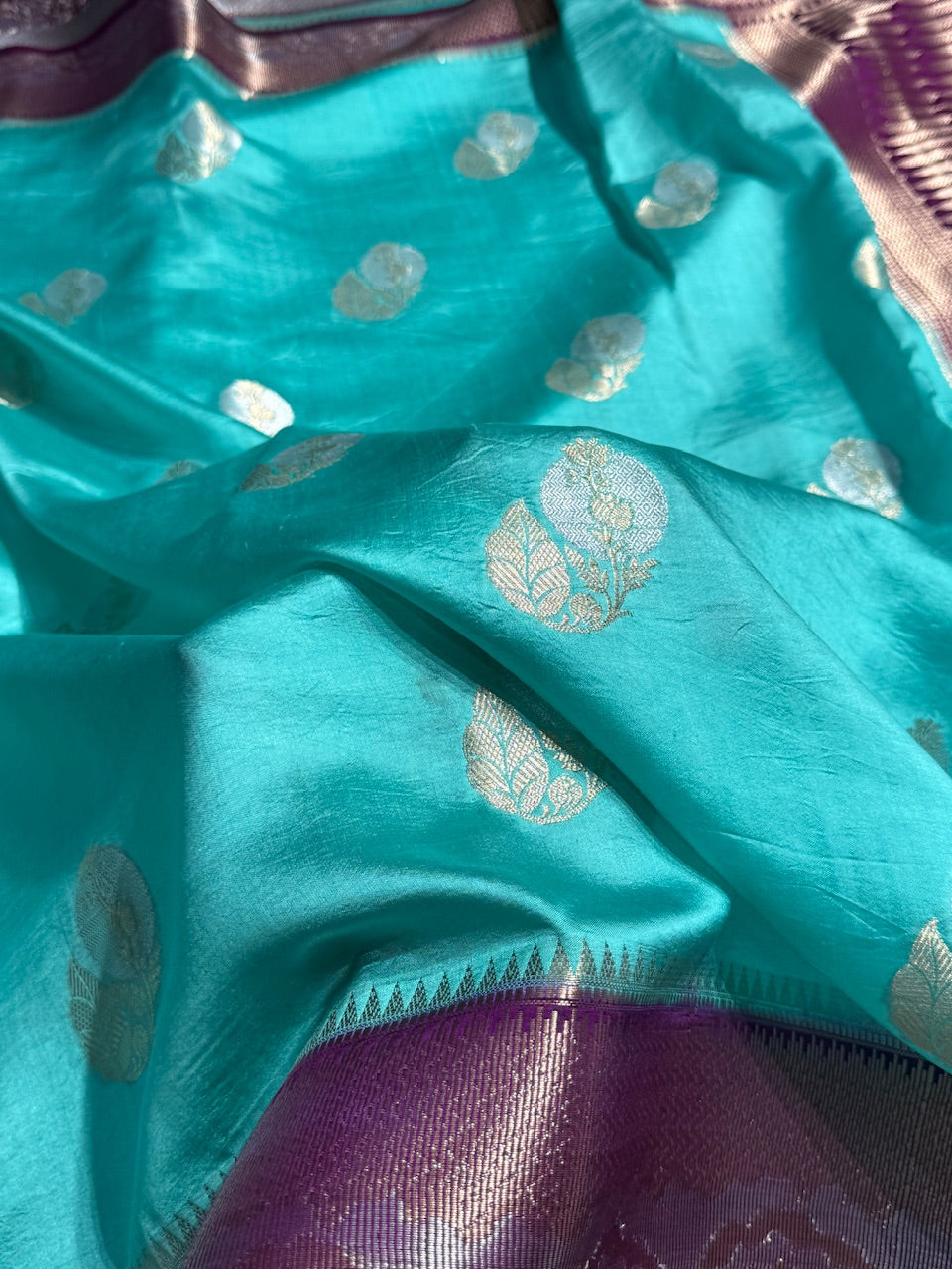 Sky Blue Flower Boota Pure Caramel Mango Silk Saree